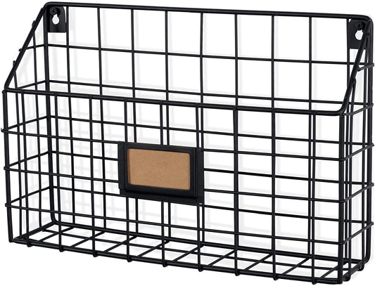 Rivista File Holder Home Office Desk Organizer, Wall Mounted Wide Chicken Wire Mail Organizer and Magazine Holder, Metal, Black